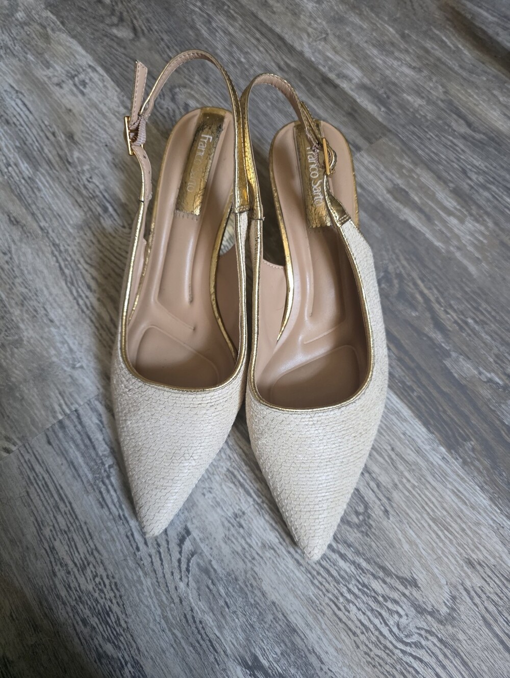 Franco Sarto Cream and Gold Pointed Slingback Mules